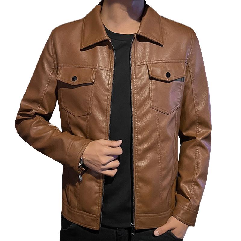Men's Vintage Lapel Zipper Slim Leather Biker Jacket 52972712M