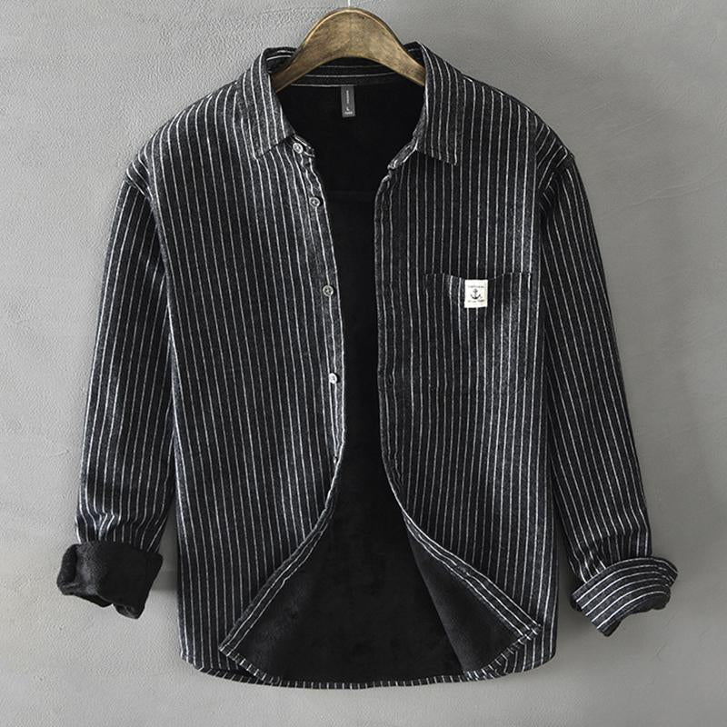 Men's Cotton Brushed Fleece Thickened Warm Long Sleeve Striped Shirt 55806111M