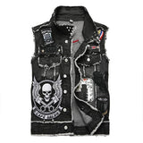 Mens Washed Embroidered Skull Denim Vest 11712032M Black / S Vests