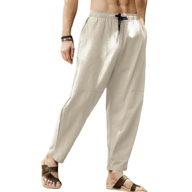 Men's Loose Cotton Linen Solid Color Drawstring Pants 26608017Y