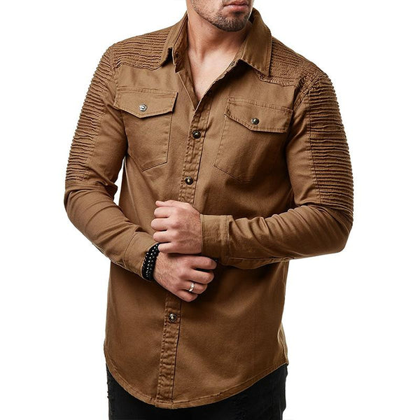Men's Casual Pleated Color Block Long Sleeve Shirt 39855995M