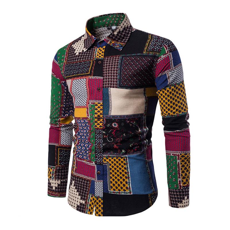 Men's Vintage Ethnic Printed Slim Long Sleeve Shirt 52004520M