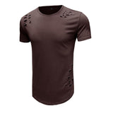 Men's Slim-fit Solid Color Round Neck Ripped Short-sleeved T-shirt 10376090X