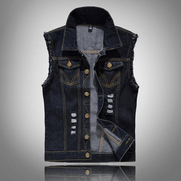 Men's Vintage Ripped Motorcycle Embroidered Patch Denim Vest 98731616Y