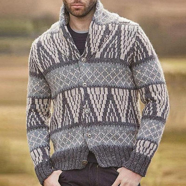 Men's Casual Lapel Jacquard Long Sleeve Knit Sweater 64813081M