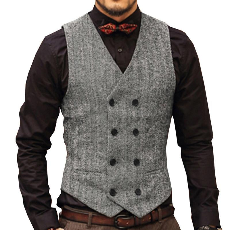 Men's Vintage Herringbone V-Neck Double Breasted Vest 84812263M