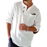 Men's Cotton Linen Loose Casual Solid Color Roll-Up Sleeve Long-sleeved Shirt 77171009X