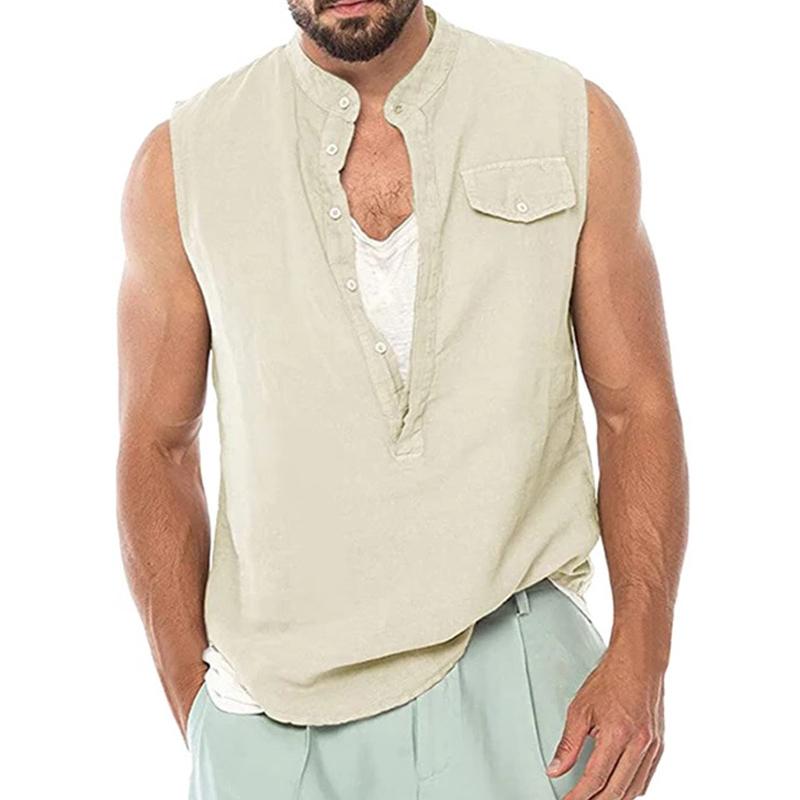 Men's Solid Color Cotton and Linen Beach Style Tank Top 40753714X