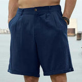 Men's Cotton Linen Solid Color Button Beach Shorts 45946490X