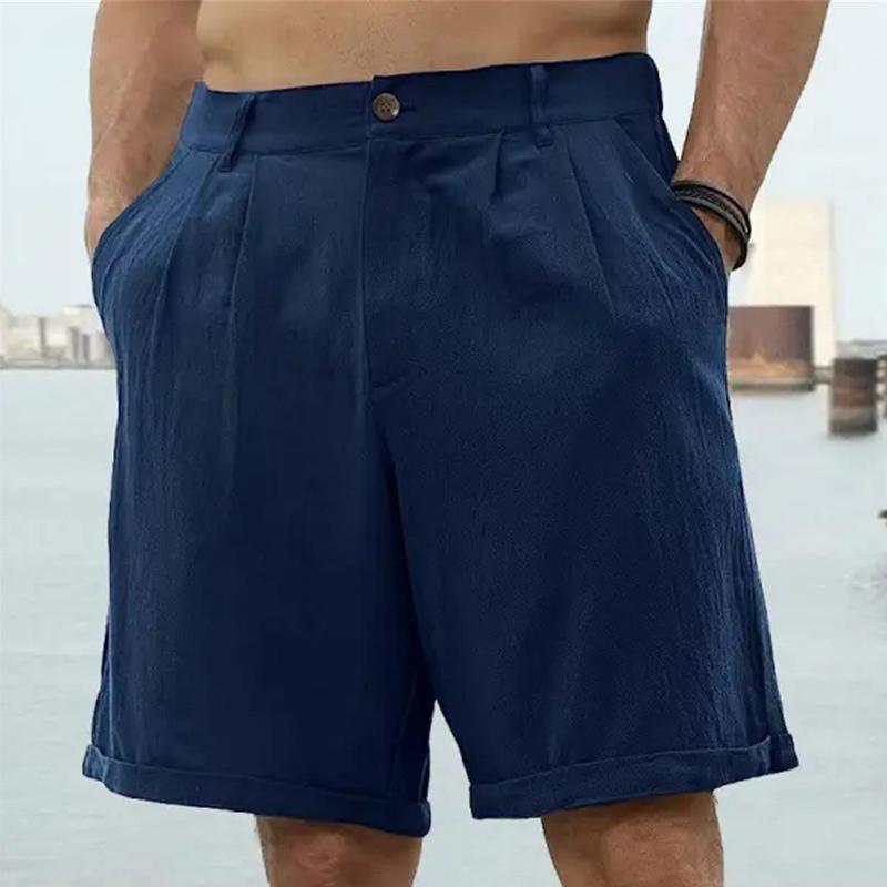 Men's Cotton Linen Solid Color Button Beach Shorts 45946490X