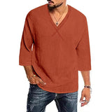 Men's Casual Solid Color Cotton And Linen V -Neck Shirt 94014278Y