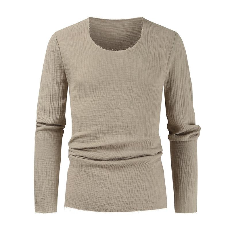 Men's Round Neck Distressed Irregular V Neck Long Sleeve T-Shirt 77596089X