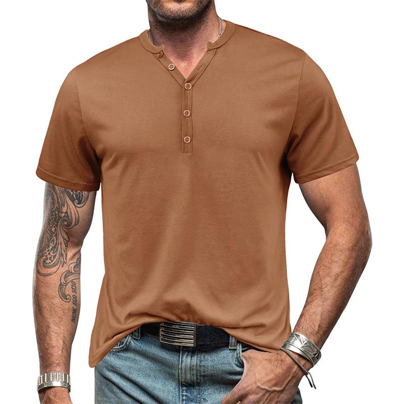 Men's Casual Solid Color Button V Neck Henley Short Sleeve T-Shirt 38391457Y
