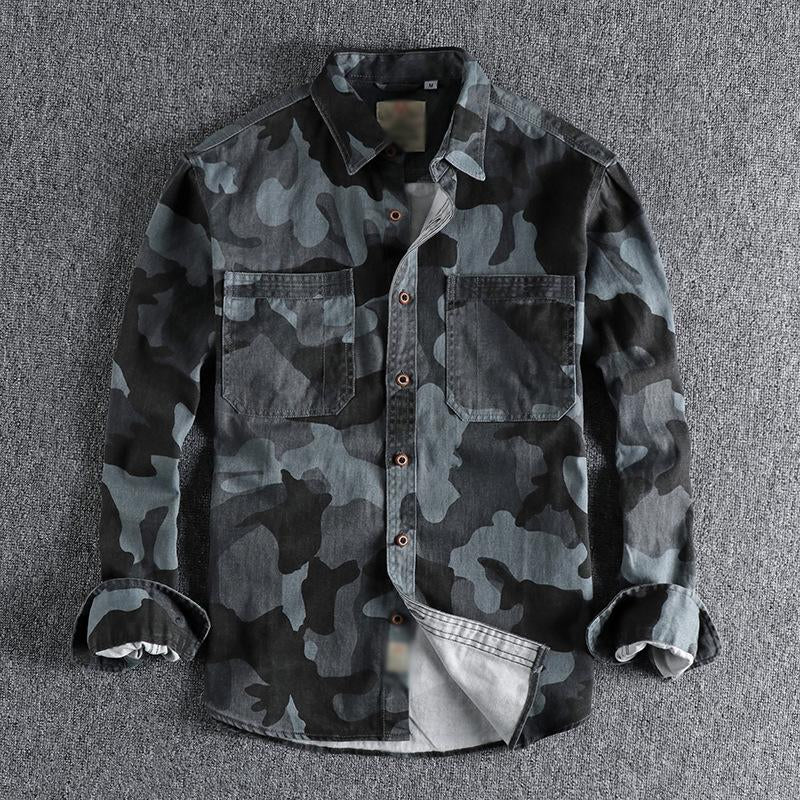 Men's Vintage Camouflage Washed Distressed Cotton Pocket Long Sleeve Shirt 13833126M