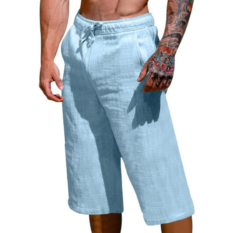 Men's Linen Cotton Breathable Cropped Pants Sports Casual Shorts 10945944X