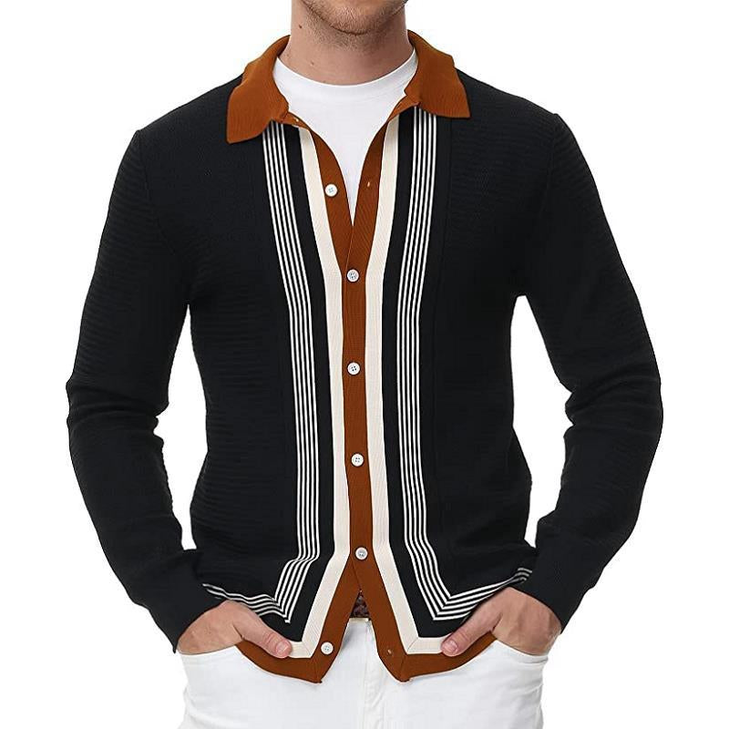 Men's Long Sleeve Striped Knit Cardigan Jacket 81152449X