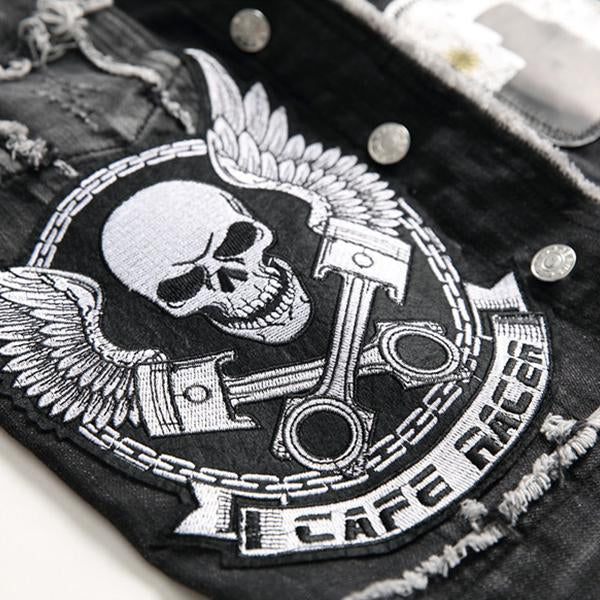 Mens Washed Embroidered Skull Denim Vest 11712032M Vests