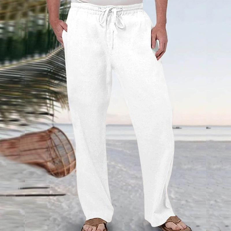 Men's Casual Linen Solid Elastic Tether Straight Leg Pants 11741319Y