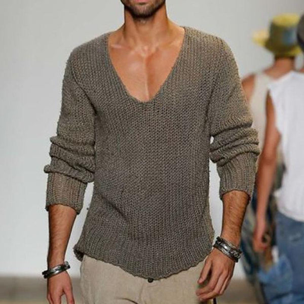 Ripped Sweater Men Loose Crew Neck Knit Bottom Shirt