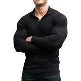 Men's Lapel Solid Striped Sports Fitness T-shirt 93075652Z