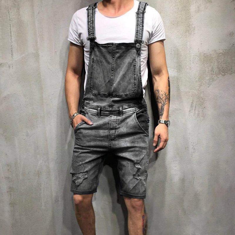 Men's Suspenders Ripped Denim Shorts Jumpsuits 81193581X