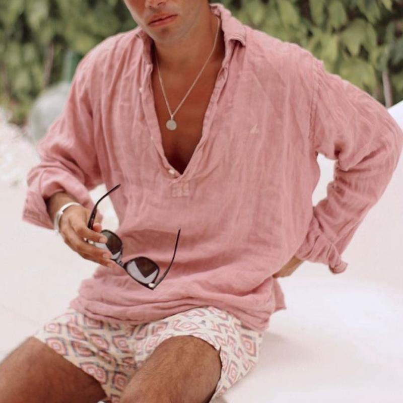 Men's Cotton Linen Solid Color Long Sleeve Beach Shirt 43841731Y