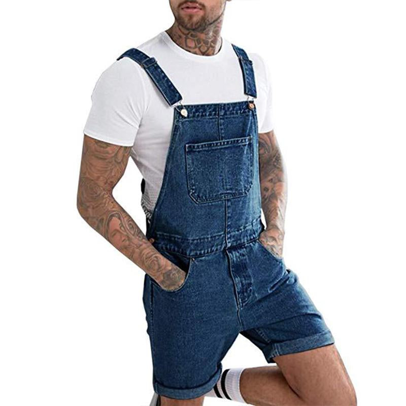 Men's Vintage Denim Ripped Cargo Shorts Jumpsuit Overall 65193363M