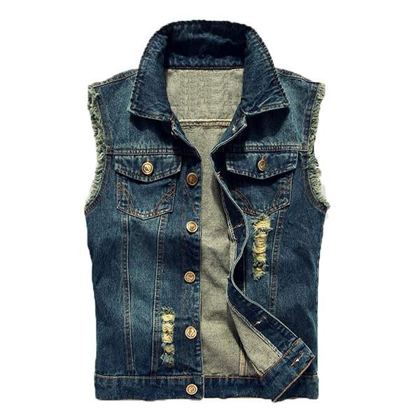 Mens Casual Distressed Frayed Denim Vest 14987136M Dark Blue / S Vests