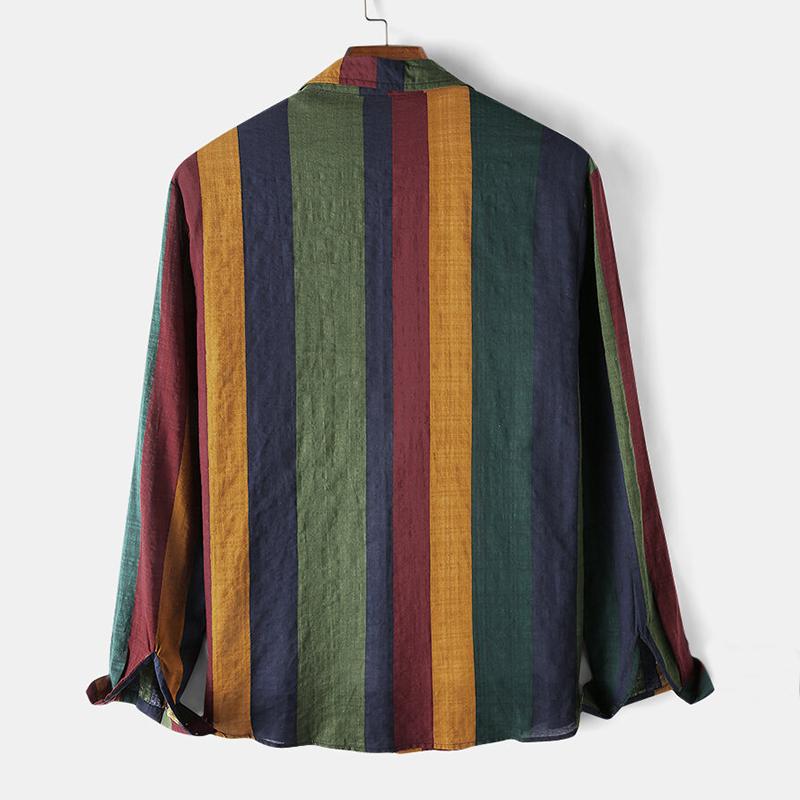 Men's Casual Color Contrast Stripe Breathable Long Sleeve Shirt 37807933M