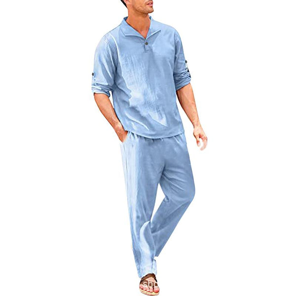 Men's Casual Solid Color Lapel Long Sleeve Shirt Pocket Elastic Waist Trousers Set 08375381M