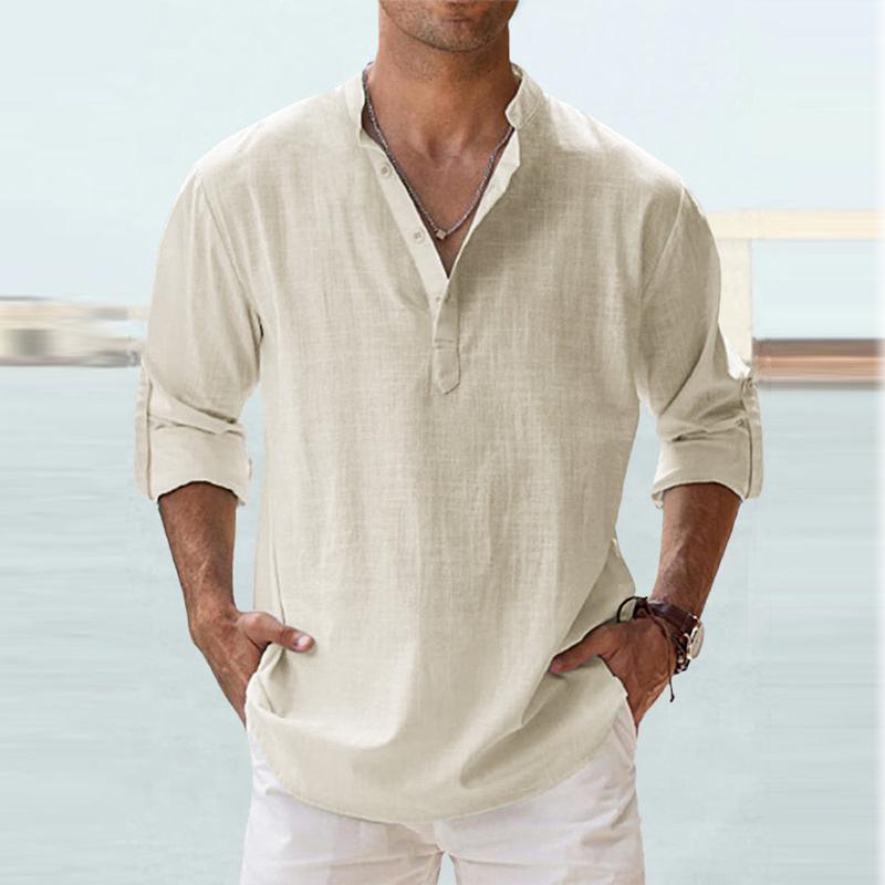 Men's Stand Collar Long Sleeve Loose Solid Color Cotton Linen Shirt 05416282X
