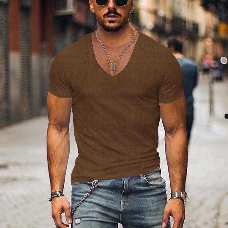 Men's Waffle Solid Color V Neck Solid Color T-Shirt 42598906X