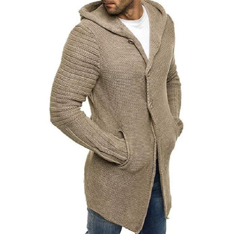 Langermet hette for menn med middels lengde strikket cardigan 90721661M