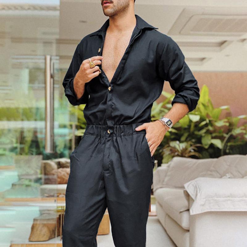 Men's Casual Long-Sleeve Lapel Solid Color Jumpsuit 06490071Y