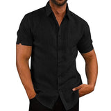 Men's Lapel Solid Color Short Sleeve Button Linen Shirt 76966962M
