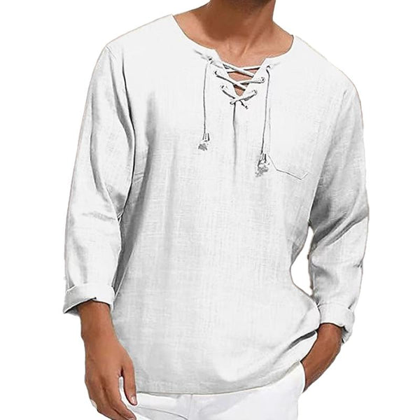 Men's Long-sleeved V-neck Tie Cotton Linen Loose Shirt 77767074X