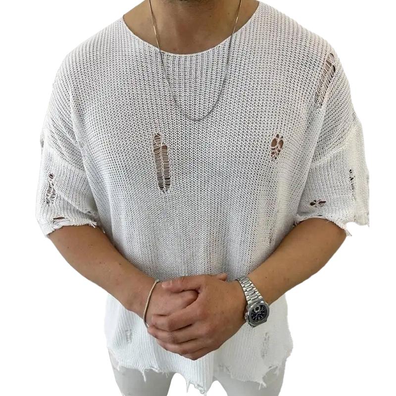 Men's Casual Round Neck Short Sleeve Hollow Knit Pullover Sweater 43852441M