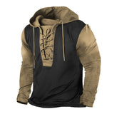 Men's Outdoor Vintage Colorblock Lace-Up Hooded Long Sleeve T-Shirt 16371422M