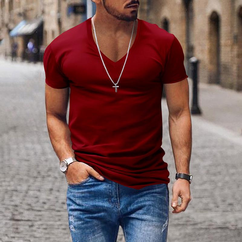 Men's Casual V Neck Solid Color Basic Short Sleeved T-shirt 53194486M