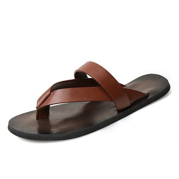 Mens Casual Leather Flip-Flops 86023595 Brown / 6.5 Shoes