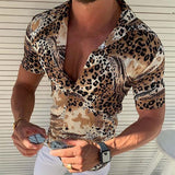 Men's Casual Leopard Print Lapel Short Sleeve Shirt 95538031M