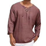 Men's Long-sleeved V-neck Tie Cotton Linen Loose Shirt 77767074X