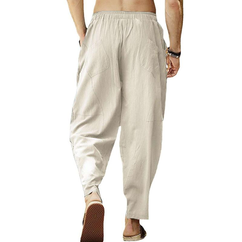 Men's Loose Cotton Linen Solid Color Drawstring Pants 26608017Y