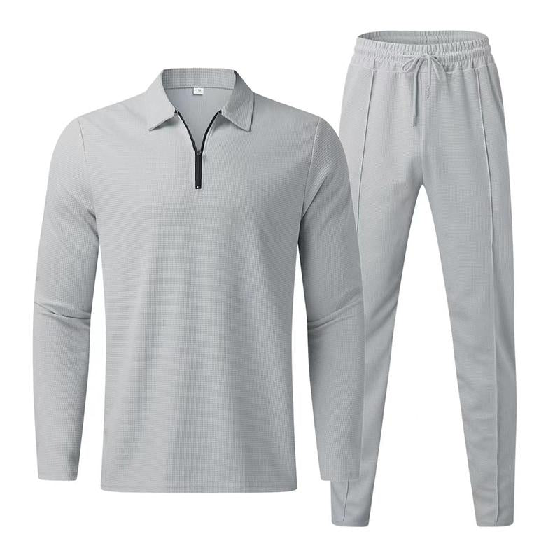 Men's Casual Lapel Long-Sleeved Polo Shirt And Trousers Two-Piece Set 09461761M