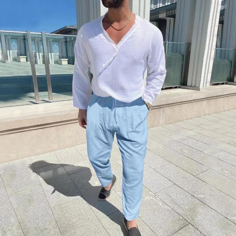Men's Cotton Linen V Neck Long Sleeve Tee Trousers Set 86863989Z