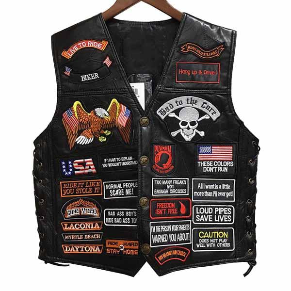 Mens Embroidered Badge Leather Cycling Vest 14570111A Black / S Vests