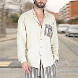Men'S Casual Summer Color Contrast Stitching Lapel Long-Sleeved Shirt 82610754M