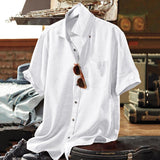 Men's Cotton and Linen Solid Color Lapel Short-sleeved Shirt 17520449X