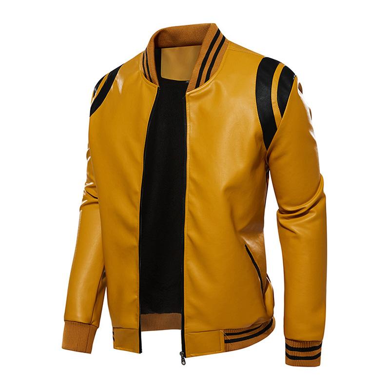 Men's Casual Color Contrasting Plush Leather Baseball Jacket 86960165M