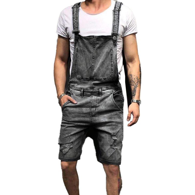 Men's Suspenders Ripped Denim Shorts Jumpsuits 81193581X